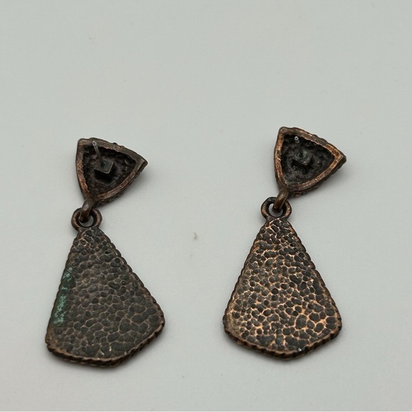 Bronze Triangle Shaped Stud Dangle Earrings with Orange and Red Marble Swirl - Picture 4 of 6
